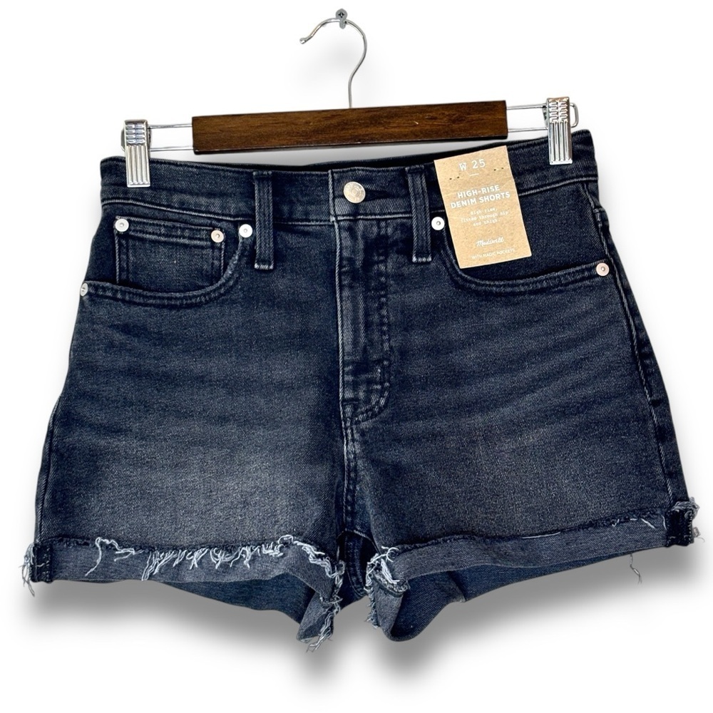 Madewell Washed Out Black High-Rise Denim Shorts Frayed Cut Off Hem Size 25 NWT